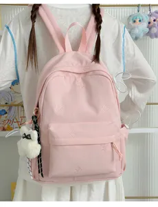 Pink cute embroidered small bear backpack sweet style casual school bag for daily travel use.