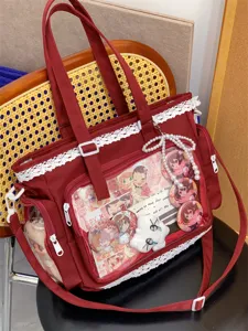 Japanese style lace transparent ita bag for women, cute anime messenger tote bag with bow.