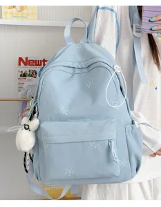 Cute light blue backpack for women with embroidered bears, sweet style school bag for daily use.