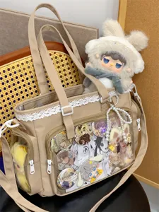 Japanese lace transparent ita bag cute canvas single shoulder crossbody tote bag-beige