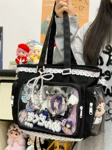 Japanese style lace clear ita bag black tote shoulder bag with cute anime badges and bows.