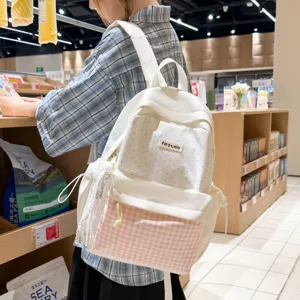 Casual Waterproof Nylon Backpack Cute Polka Dot And Plaid School Bag With Lace Trim For Students Travel