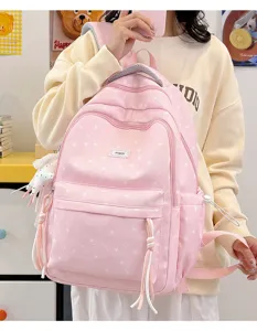Pink cute star print backpack for teen girls casual school bookbag stylish cute daypack.