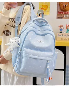 Light blue star print canvas backpack with cute pendant, stylish school bag for teen girls.