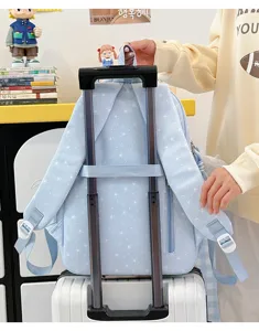 Light blue star print backpack casual cute student school bag with luggage strap travel daypack