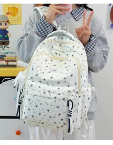 Casual white star print backpack for students, sweet daily school bag with spacious compartments.