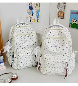 Cute star print student backpack, casual canvas school bag for teen girls, fresh aesthetic daily daypack.