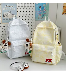 Vintage tie dye canvas backpack stylish school bookbag casual travel daypack with cute puppy pendant