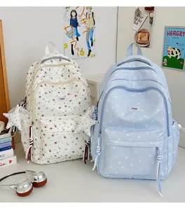 Cute star print student backpack set, casual canvas school bag with star pendant for teen girls