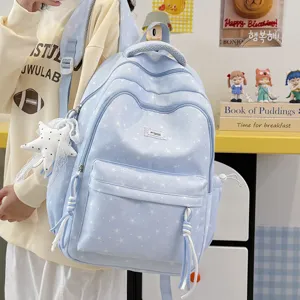Casual cute light blue star print school backpack for students, stylish daily travel bag.