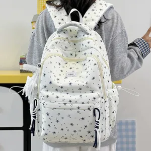 White star print casual school backpack for students, cute lightweight casual daily daypack bag