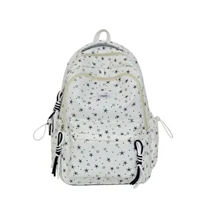 Casual white star print backpack for women, stylish student school bag daily use.