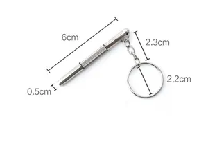 Portable metal eyeglass screwdriver detail view with keychain and precise size dimension lines.