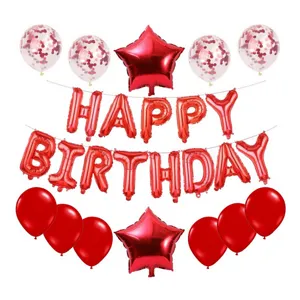 Red happy birthday foil balloon set with star and confetti latex balloons for party decor