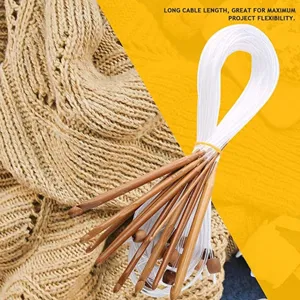 Detail view of carbonized bamboo crochet hook with long white cable and wooden bead detail.