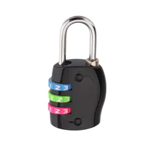 Small 3-digit combination padlock detail view, portable luggage lock for travel bags and suitcases.