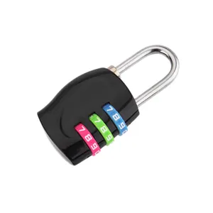 Small 3 digit combination padlock detail view, colorful password wheel security luggage lock.