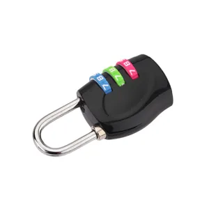 Small 3-digit combination padlock, black luggage lock with colorful dial for travel bags.