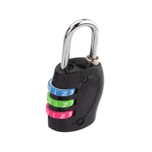 Compact 3-digit combination padlock with colorful code wheels for secure travel luggage and bags.