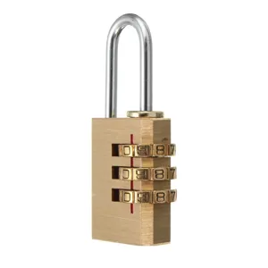 Brass 3-digit combination padlock detail view showing dials and lock shackle closeup.