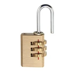 Close-up detail of the 3-digit brass combination padlock mechanism and shackle design.