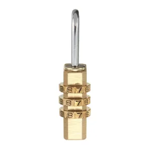 Brass combination padlock detail view showing 3-digit code wheels and hexagonal metal body