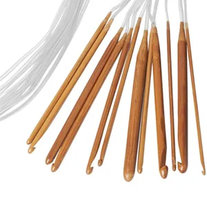 Carbonized bamboo Tunisian crochet hooks with long plastic cords, ideal for knitting and crafts.