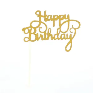Gold glitter Happy Birthday cake topper detail view, ideal for birthday party decor.
