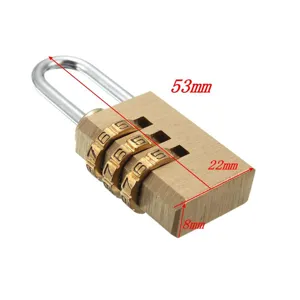Brass 3-digit combination padlock for luggage and travel security with clear size guide.