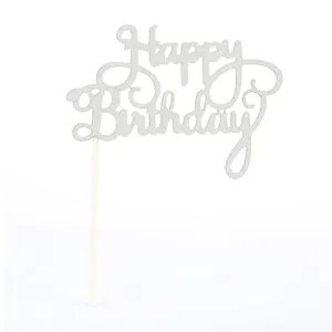 Silver Glitter Happy Birthday Cake Topper with Wooden Stick for Celebration Party Decor