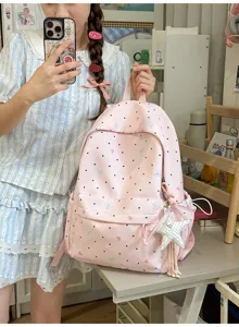 Cute pink polka dot backpack with sweet bows, Japanese style school bag for daily use.