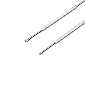 Stainless steel double-headed ear pick detail, featuring spiral and spoon tips for delicate cleaning.