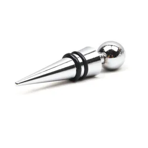 Detailed close-up of a chrome metal wine stopper featuring dual sealing rubber rings and sphere.