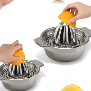 Stainless steel manual citrus juicer, lemon squeezer for fruit juice extraction detailed view.
