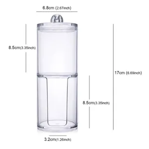 Transparenter Acryl 2-in-1 Wattestäbchen Kosmetik Organizer Detailansicht mit Maßen.