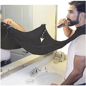 Detailed view of men beard trimming cape setup in bathroom for clean shaving usage.
