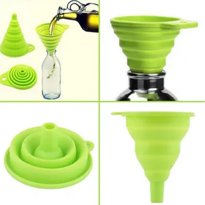 Green collapsible silicone kitchen funnel detail view, showing folding and liquid pouring usage.