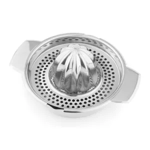 Stainless steel lemon squeezer detail view, manual fruit juicer close up display.