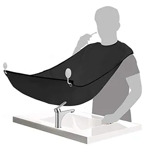 Beard bib shaving cape for men, black hair catching apron with suction cups for bathroom grooming.