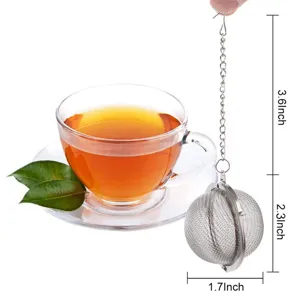 Boule à thé en acier inoxydable avec chaîne et cotes de dimensions pour le thé en vrac.