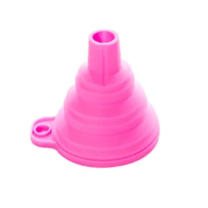 Pink collapsible silicone funnel detail, flexible long neck design for kitchen liquid dispensing.