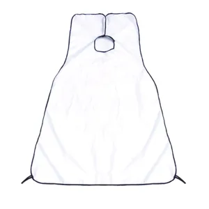 White barber cape detail, shaving apron with black edge, neck opening design, beard catcher.