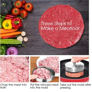 Stainless steel hamburger press mold, great for making delicious meat patties easily at home kitchen.