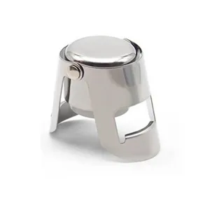 Stainless steel champagne stopper detail showcasing locking mechanism and airtight seal for sparkling wine.