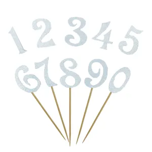Zilveren glitter 0-9 cijfer taarttoppers met houten stokjes voor verjaardagsfeest decoratie