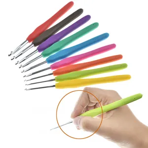 Detailed view of colorful TPR soft handle crochet hooks set with size markings for craft.