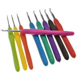 Set of 9 colorful crochet hooks with comfortable TPR soft handles in various sizes for DIY knitting.