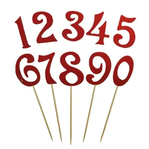 Set van rode glitter cijfer taarttoppers 0-9 met houten prikkers voor verjaardagsfeestjes
