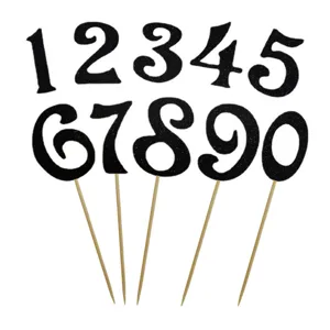 Glitter zwarte cijfer taarttoppers 0-9 set met houten prikkers voor feestdecoratie.