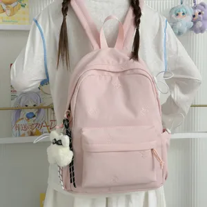 Pink cute bear embroidered backpack for women and girls, sweet casual daily school bag.